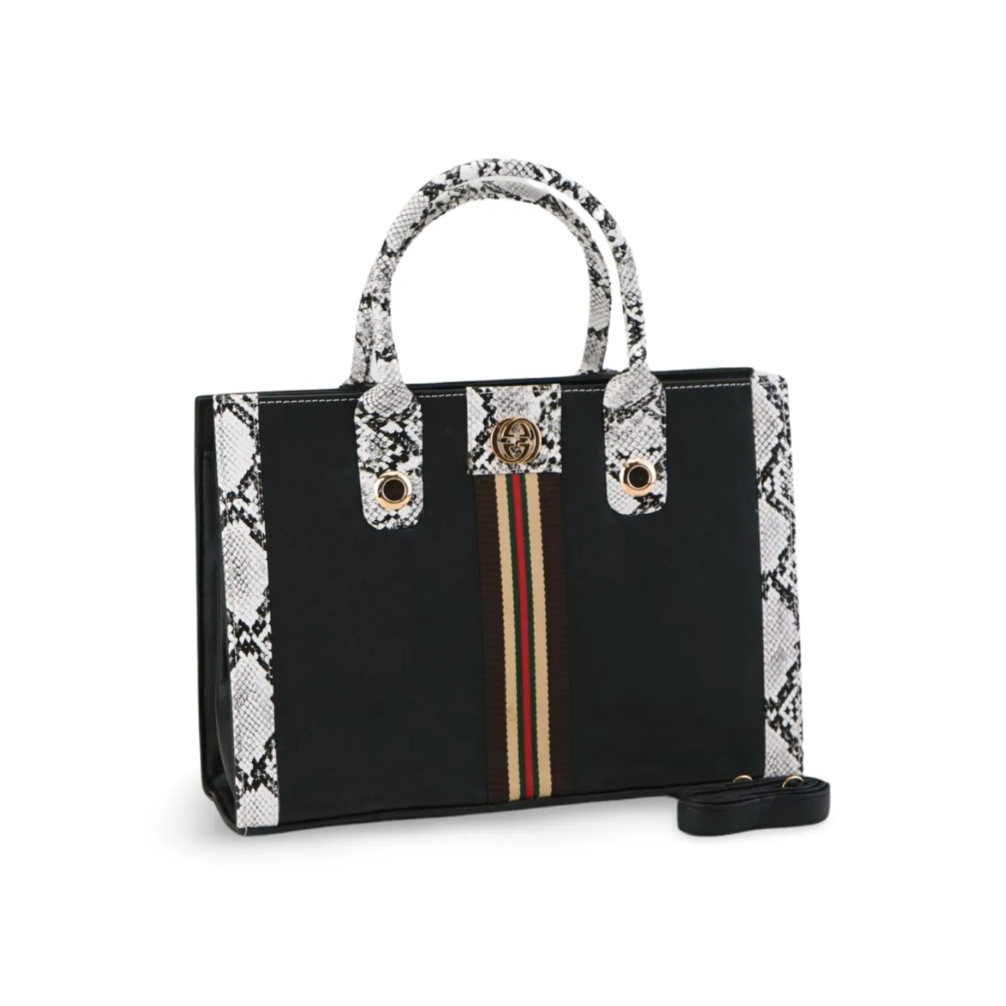 Black Snakeskin Print Tote Bag with Striped Strap