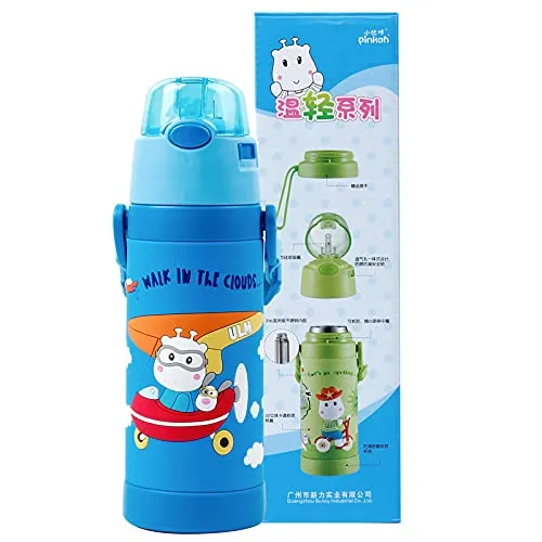 (PINKAH) 3D Cartoon Kids Bottle with Straw and Strap | Stainless Steel (500ML) - Blue