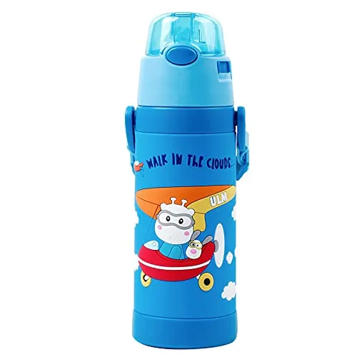 (PINKAH) 3D Cartoon Kids Bottle with Straw and Strap | Stainless Steel (500ML) - Blue