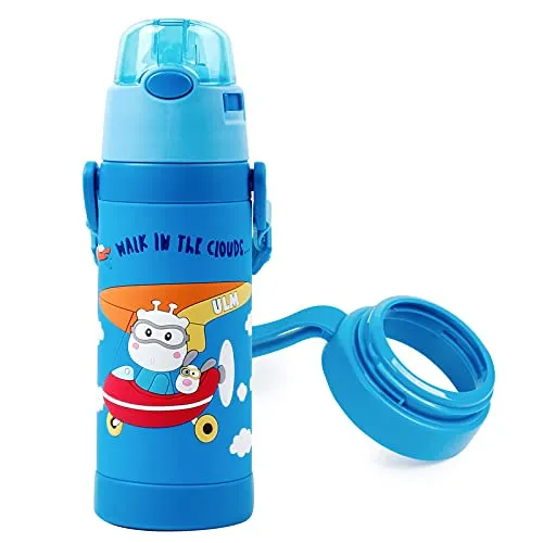 (PINKAH) 3D Cartoon Kids Bottle with Straw and Strap | Stainless Steel (500ML) - Blue