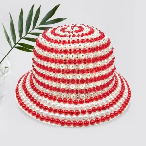 Red & White Pearl Rhinestone Embellished Bucket Hat