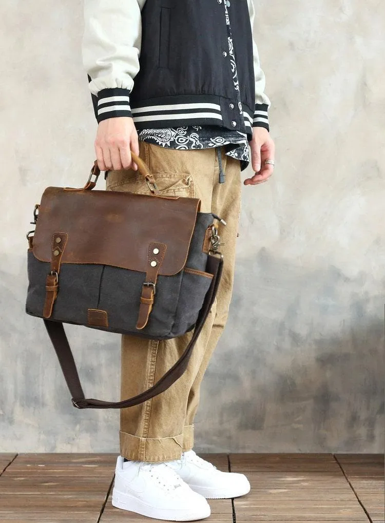 Waxed Canvas and Cowhide Leather Messenger Bag Men Satchel Briefcase Vintage Crossbody Bag Shoulder Bag Laptop Bag Unique Groomsmen Gifts